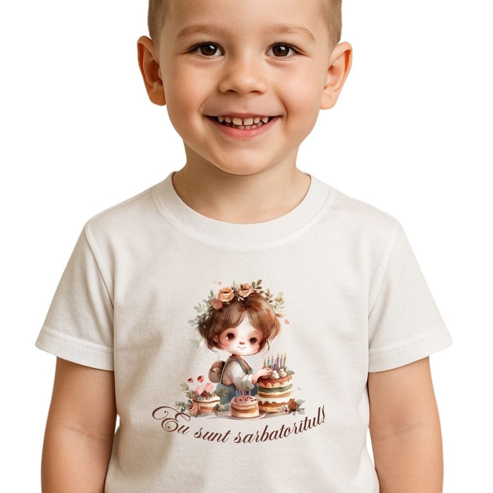 Tricou aniversar băiețel 1–3 ani – „Micul Sărbătorit”, model cu torturi