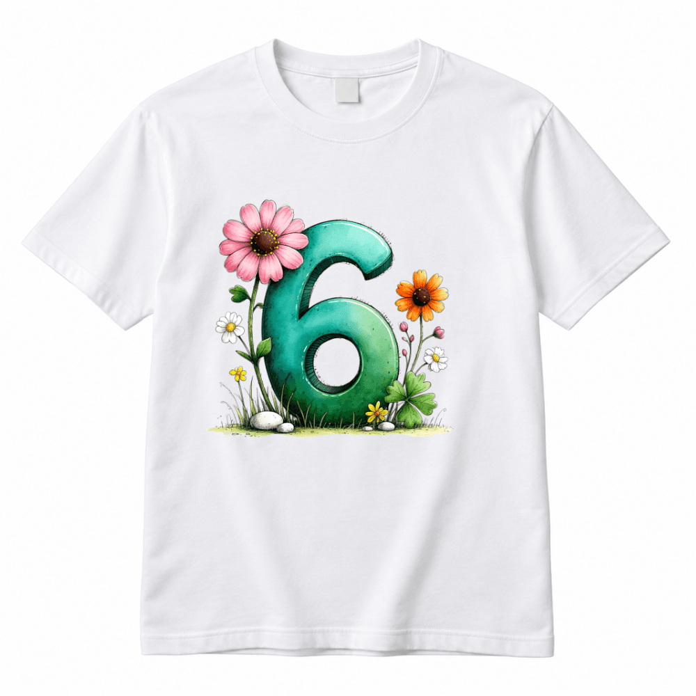 Tricou aniversar 6 ani cu cifră și flori