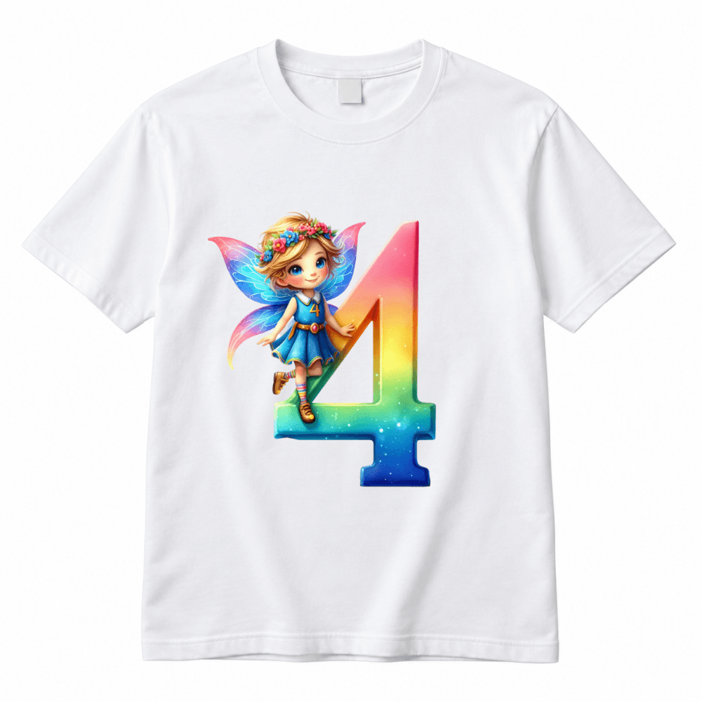 Tricou aniversar fete 4 ani, model cifra 4 curcubeu cu zână, alb