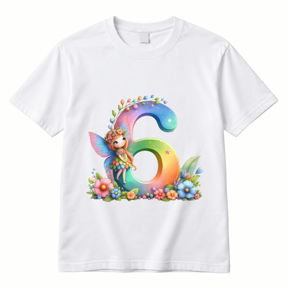 Tricou aniversar fete 6 ani, model cifra 6 curcubeu cu zână și flori, alb