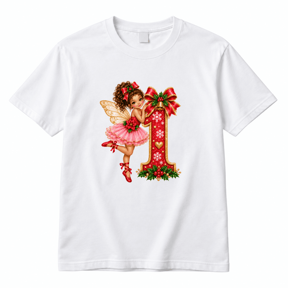 Tricou aniversar fete mărime 1 an, model cifra 1 cu zână și tematică de Crăciun, alb, bumbac