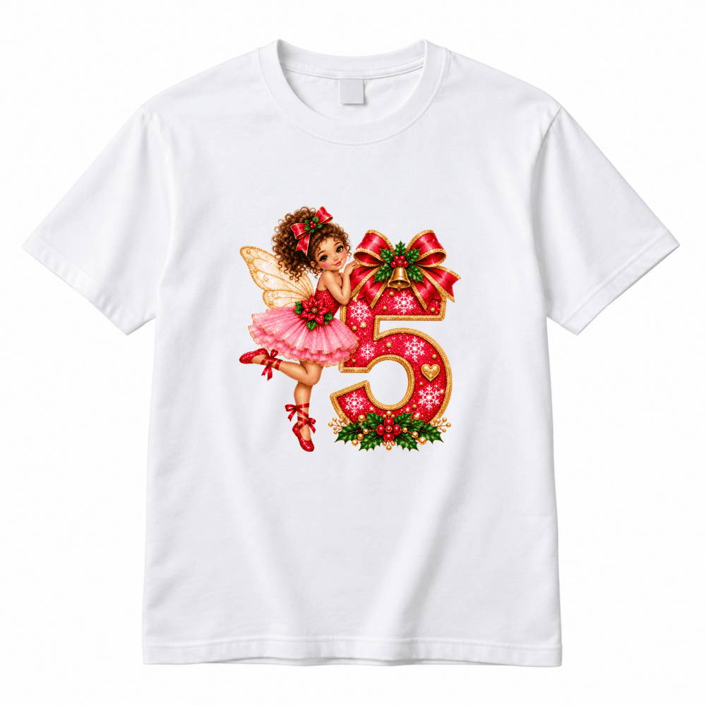 Tricou aniversar fete mărime 5 ani, model cifra 5 cu zână și tematică de Crăciun, alb, bumbac