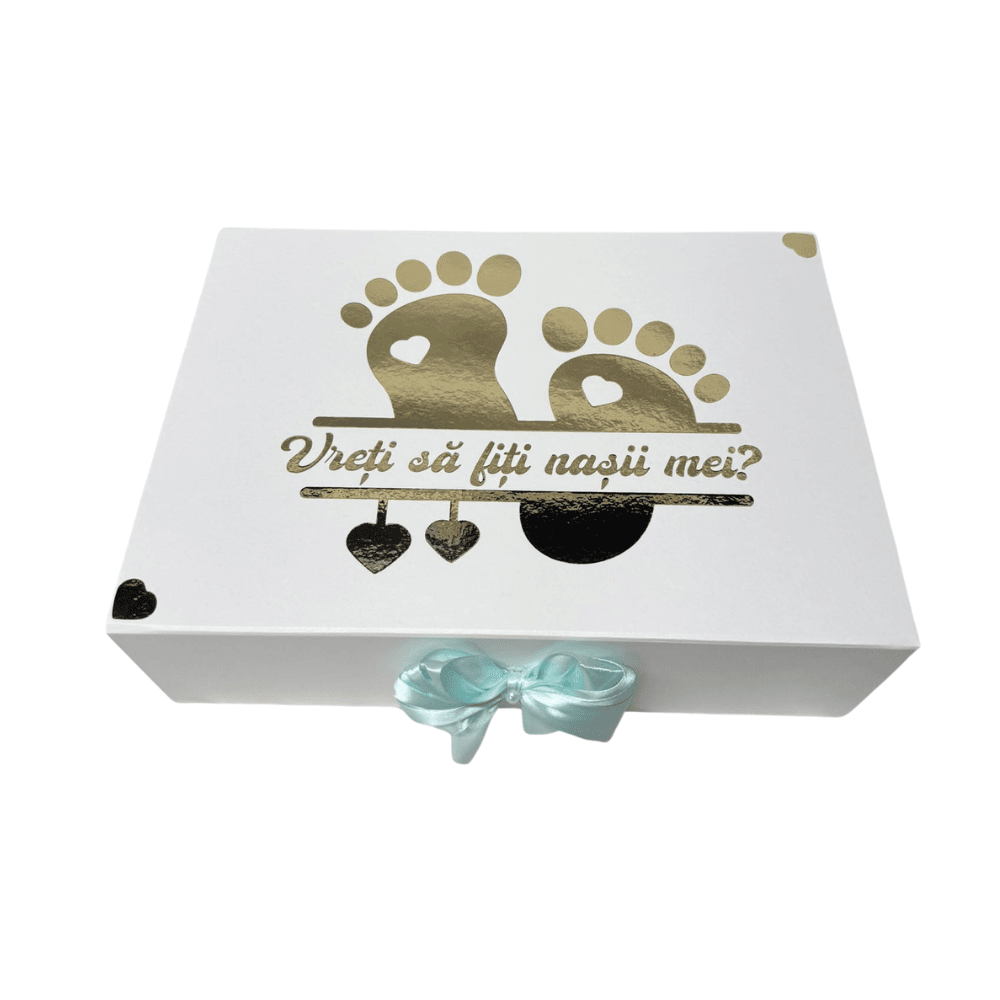 Set Premium Cerere Nași de Botez „Vreți să fiți nașii mei?”, Cutie cu Licheni și Flori, 2 Băuturi și 2 Pahare Model băiat Personalizate - imagine 4