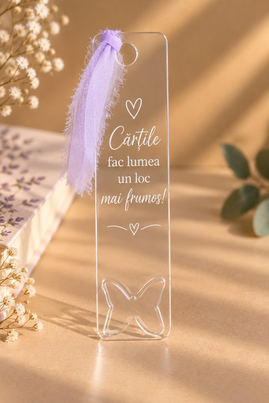 Semn de carte blank din plexiglas transparent 2 mm, 5 × 21 cm, cu decupaj fluture și orificiu pentru panglică. Ideal pentru gravare, vinil și proiecte handmade. - imagine 2
