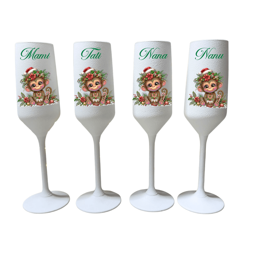 Set 4 pahare din sticlă personalizate, 22 cl – Mami, Tati, Nana și Nanu, model maimuțică de Crăciun