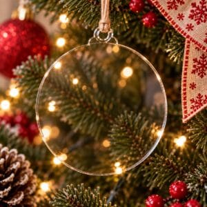 Ornament blank ROTUND din acril transparent pentru Crăciun – 10 × 11 cm, grosime 2 mm