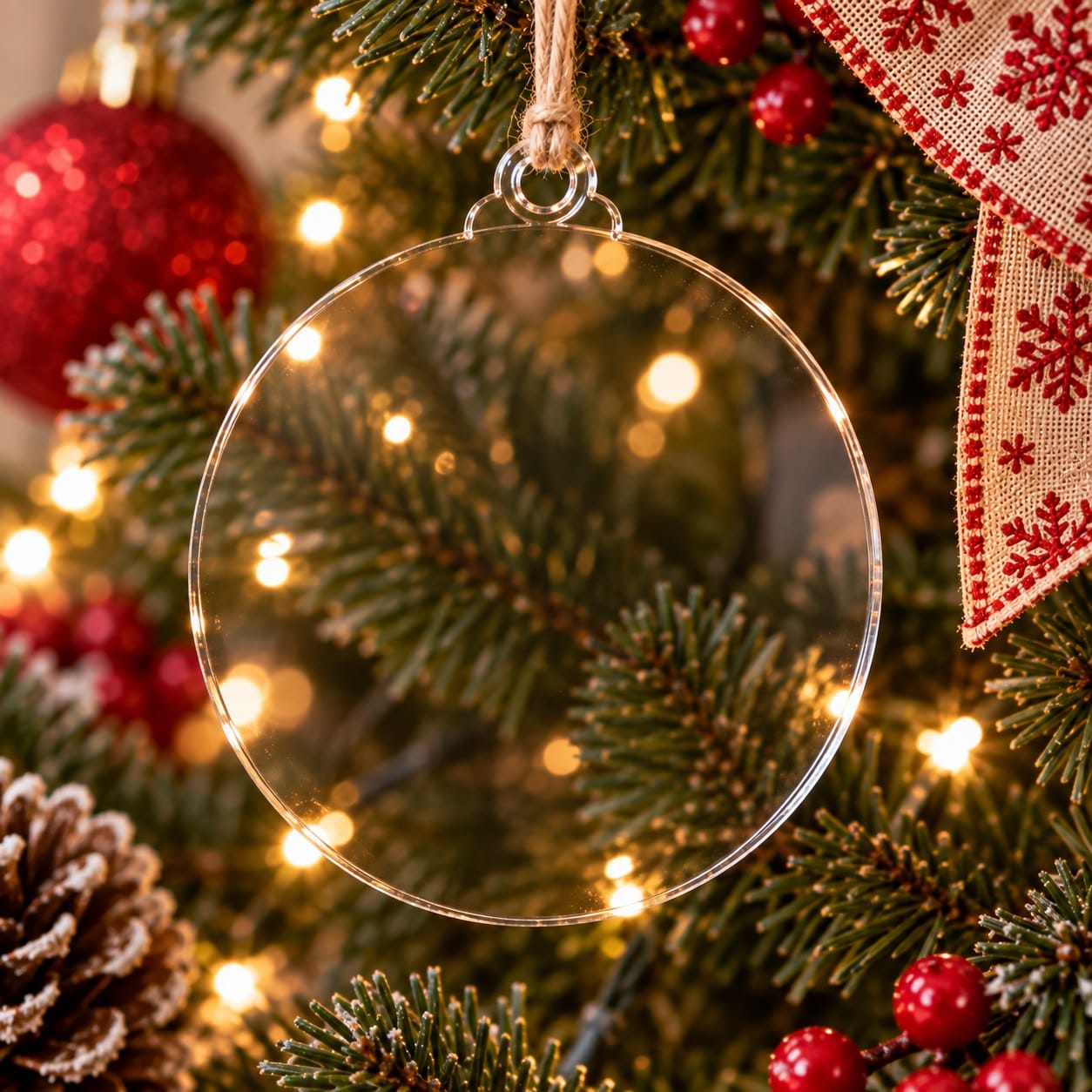 Ornament blank ROTUND din acril transparent pentru Crăciun – 10 × 11 cm, grosime 2 mm