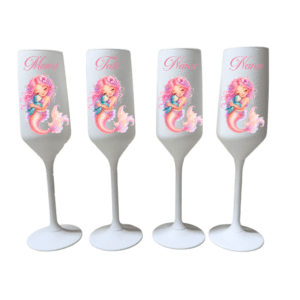Set 4 pahare din sticlă personalizate, 22 cl – Mami, Tati, Nana și Nanu, model sirenă roz