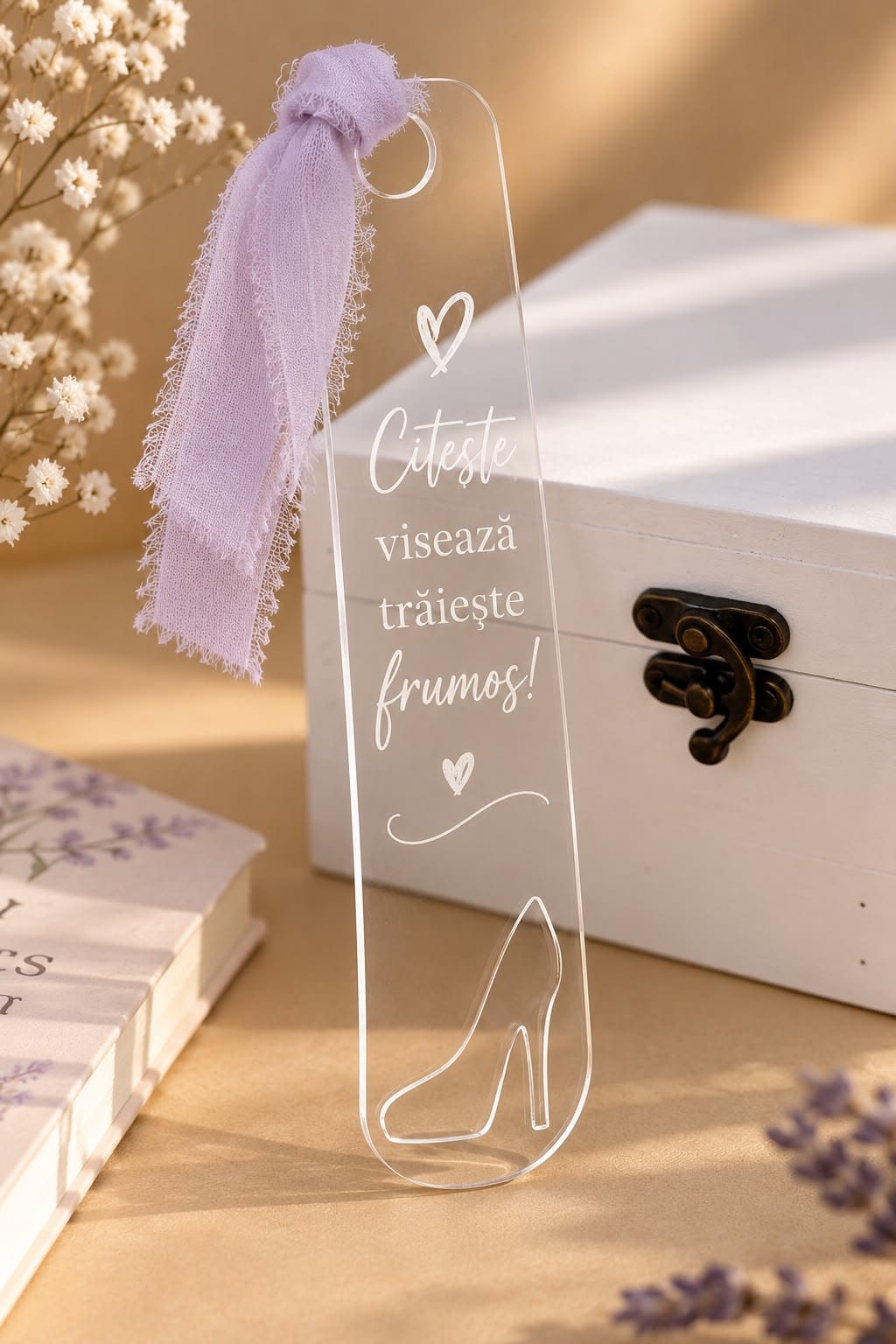 Semn de carte blank din plexiglas transparent 2 mm, 5 × 21 cm, cu decupaj pantof cu toc. Ideal pentru gravare, vinil, pictare și proiecte handmade.