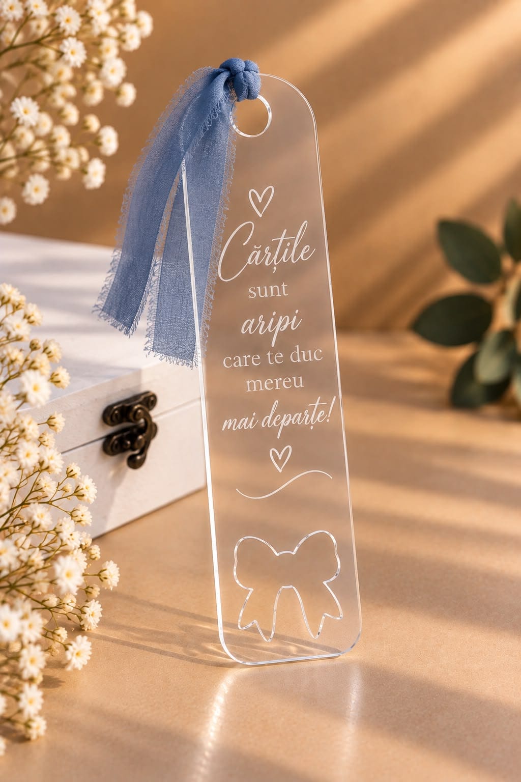 Semn de carte blank din plexiglas transparent 2 mm, dimensiune 5 × 21 cm, cu decupaj fundiță și orificiu pentru panglică. Ideal pentru gravare, vinil și proiecte handmade.