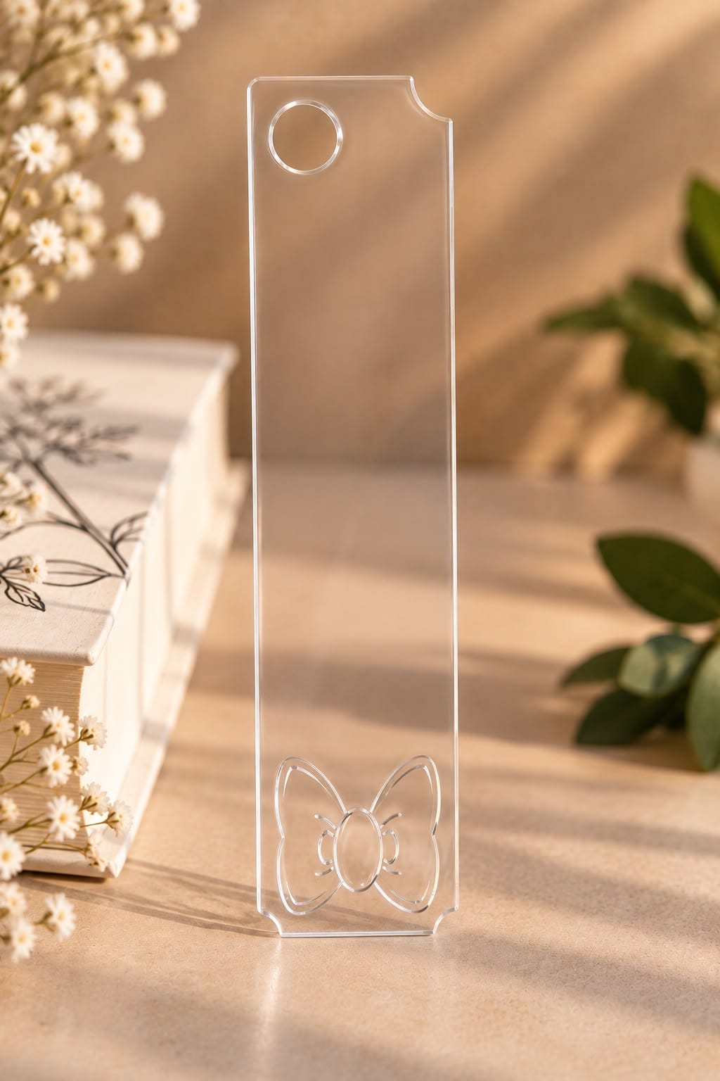 Semn de carte blank din plexiglas transparent 2 mm, 5 × 21 cm, cu decupaj decorativ fundă. Ideal pentru gravare, vinil, pictare și proiecte handmade.
