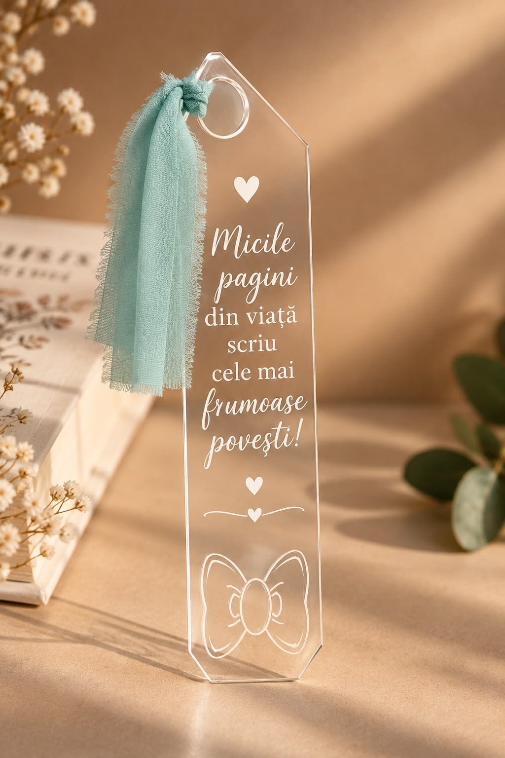 Semn de carte blank din plexiglas transparent de 2 mm, 5 × 21 cm, cu decupaj decorativ fundă. Ideal pentru gravare, vinil, pictare și proiecte handmade.