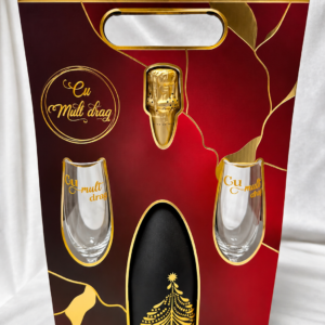 Set cadou premium de Crăciun – Sticlă de șampanie și două pahare, în cutie elegantă roșie cu auriu