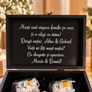 Set cadou personalizat pentru moși – Cutie din lemn cu Jack Daniel’s și pahare