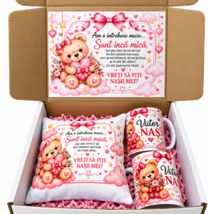 Set cadou cerere nași de botez – Ursuleț roz