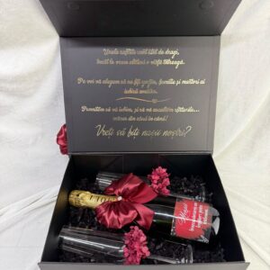 Set cadou cerere nași de cununie, cutie premium neagră, șampanie Moët & Chandon 750 ml, 2 pahare, fundițe bordo