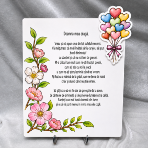 Cadou pentru educatoare – Plachetă personalizată cu mesaj emoționant, flori roz și inimioare colorate