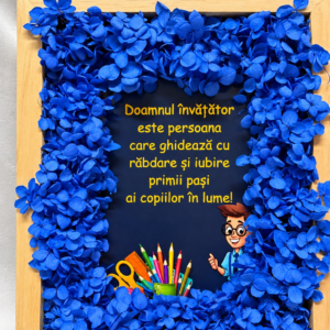 Tablou decorativ pentru învățător – Ramă din lemn cu hortensii albastre și mesaj de mulțumire personalizat
